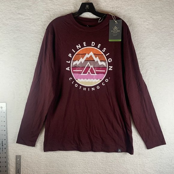 Alpine Design Shirt Men's Medium Burgundy Cotton Crew Neck Long Sleeve 7242 - Picture 1 of 9
